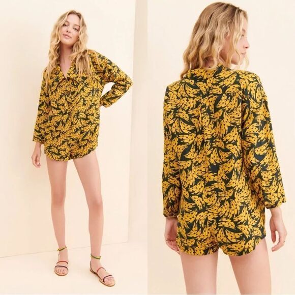 FARM Rio Pants - Farm Rio Linen Yellow Black Romper Spotted Bananas Size M